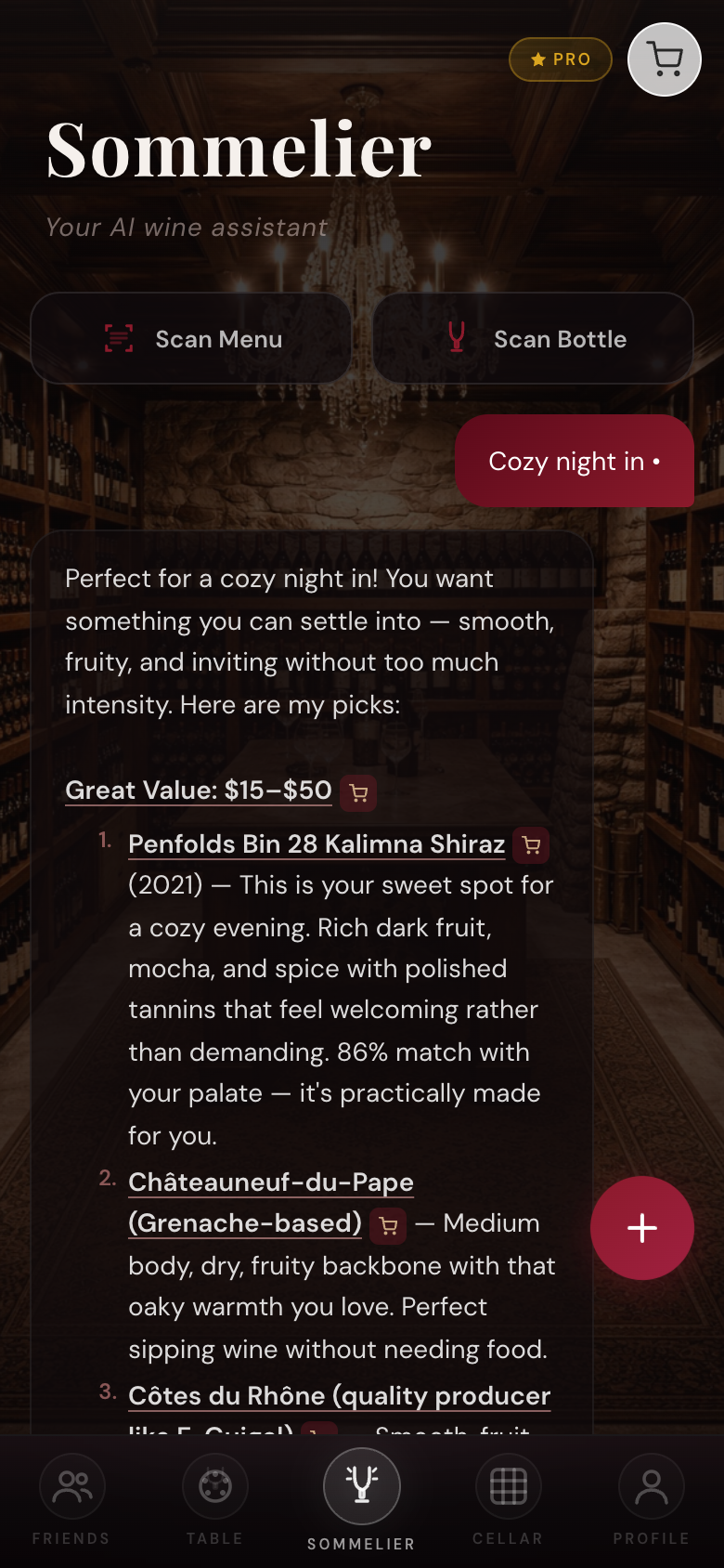 WineMe AI Sommelier chat recommending a wine matched to your taste